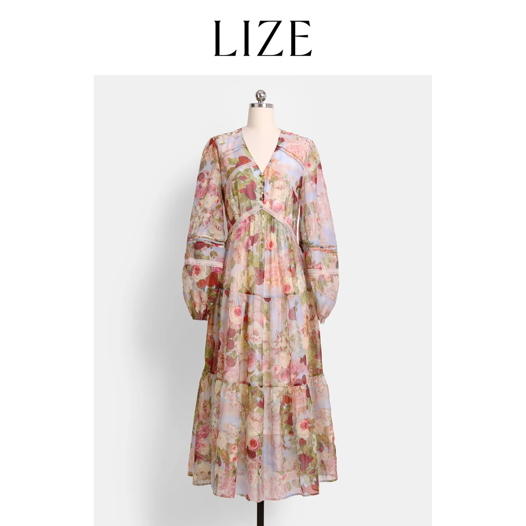 LIZE「伊甸玫瑰园」奢美油画风印花 蕾丝镂花法式浪漫花卉V领连衣裙