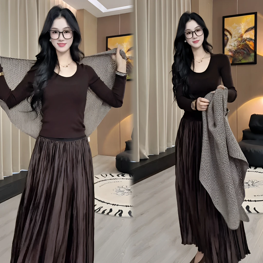 2025早秋时尚新款百搭简约长袖打底上衣开衫气质舒适半身裙套装女