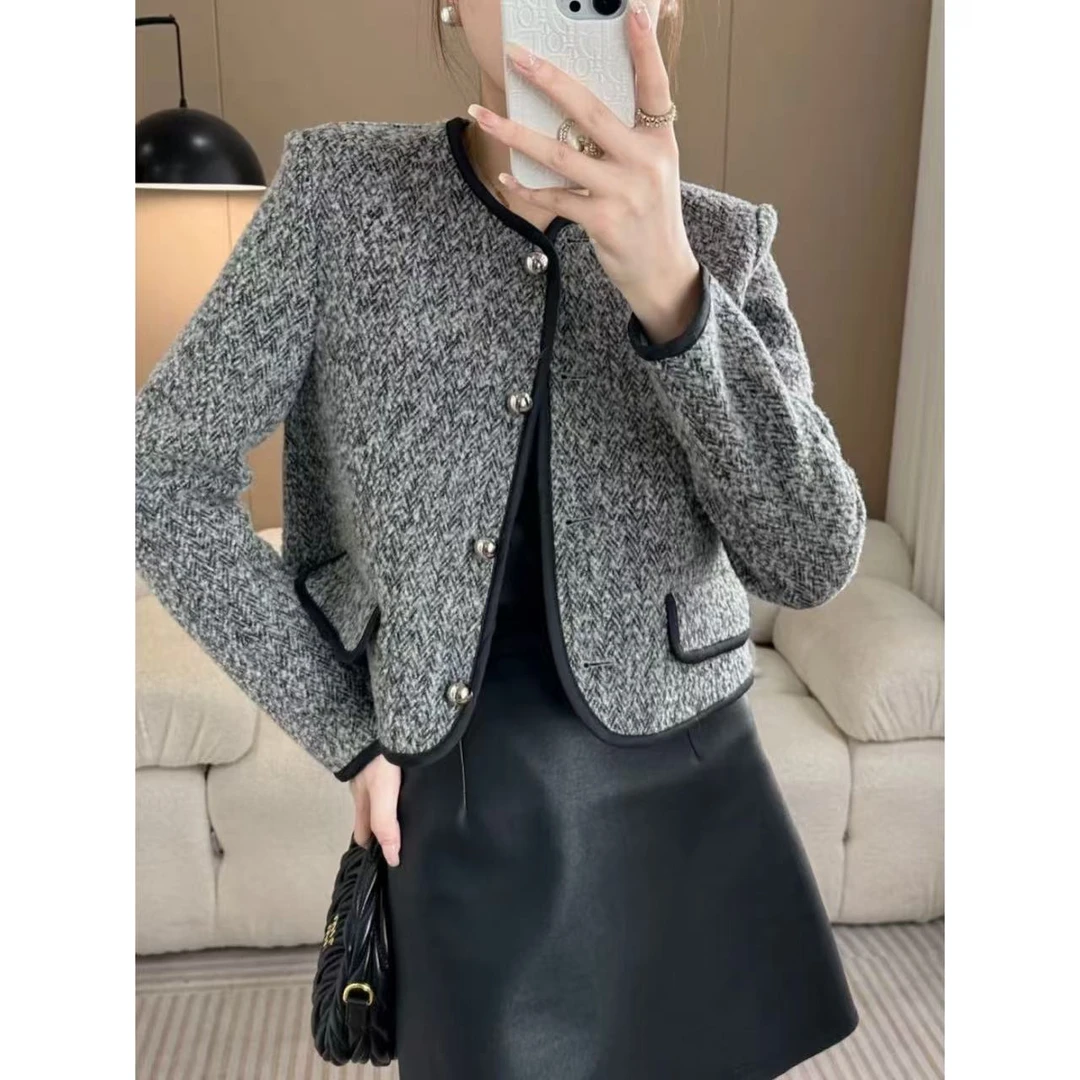 秋装新款人字粗花尼拼色包边短款小香风外套~P909P小静折扣