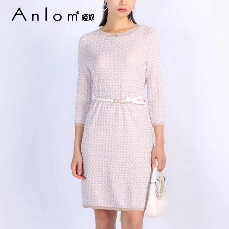 Anlom/娅奴夏季新款中袖圆领奶油霜白粘纤休闲针织通勤常规连衣裙