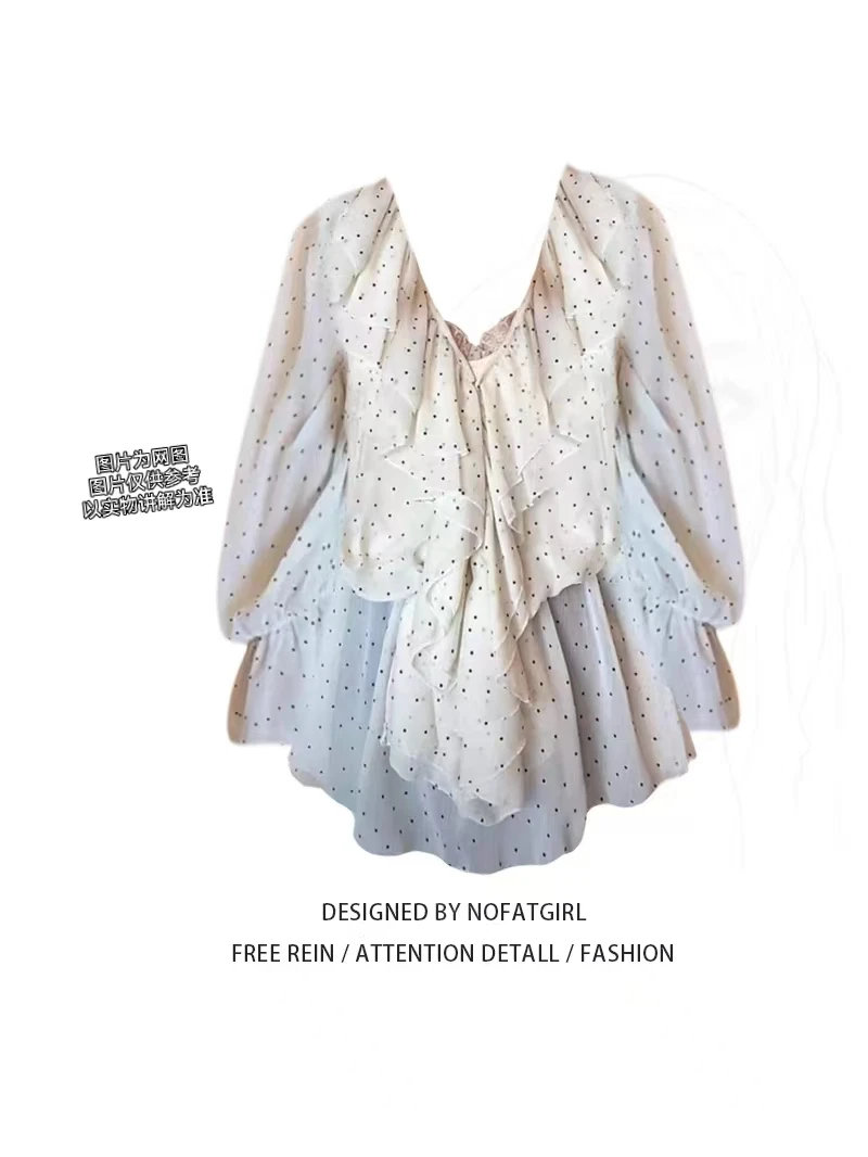 2025夏季新款大码女装韩系波点荷叶边收腰衬衫上衣（会透）