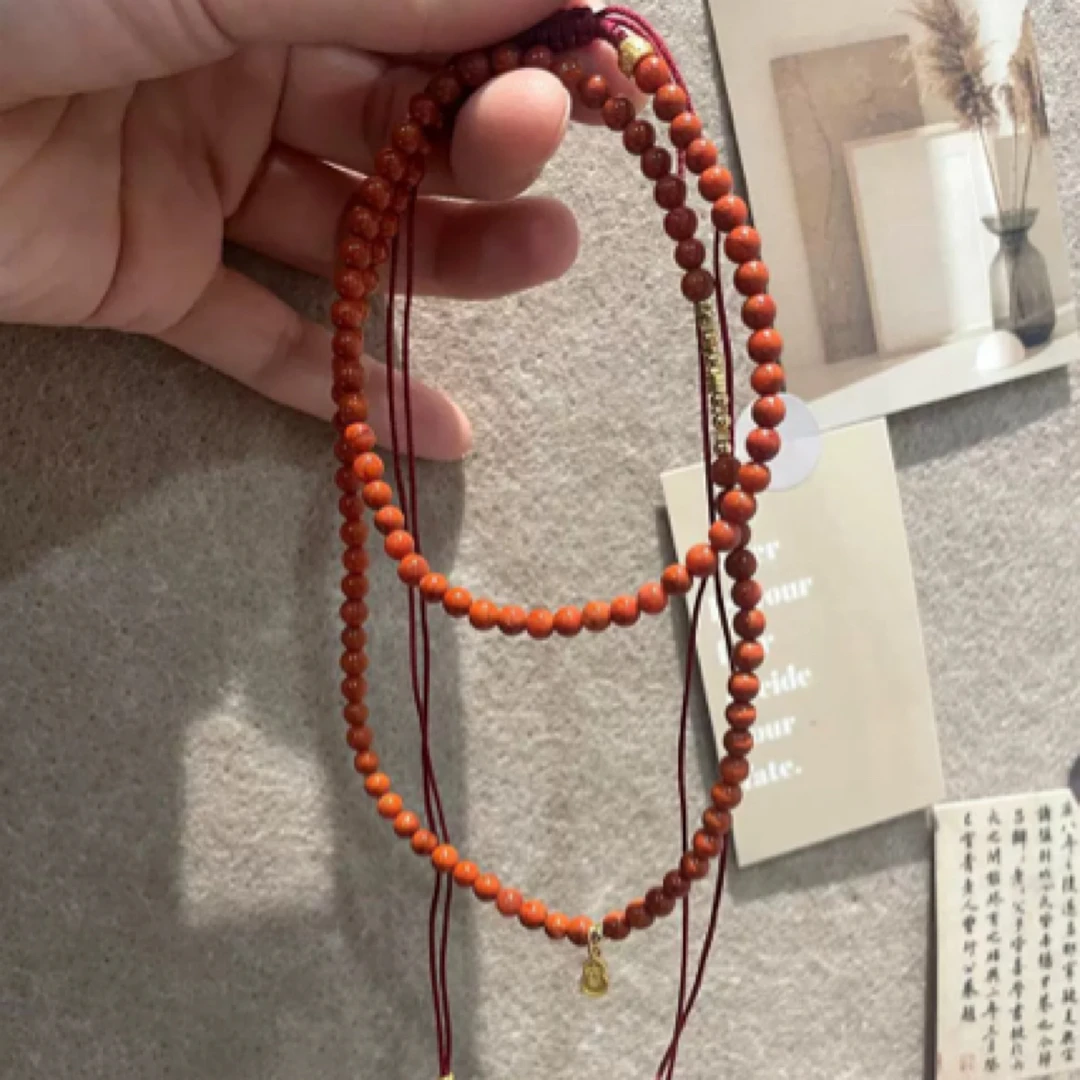 N17836＜非晚＞s925银南红金色碎银金色圆珠金色吉字葫芦抽拉项链