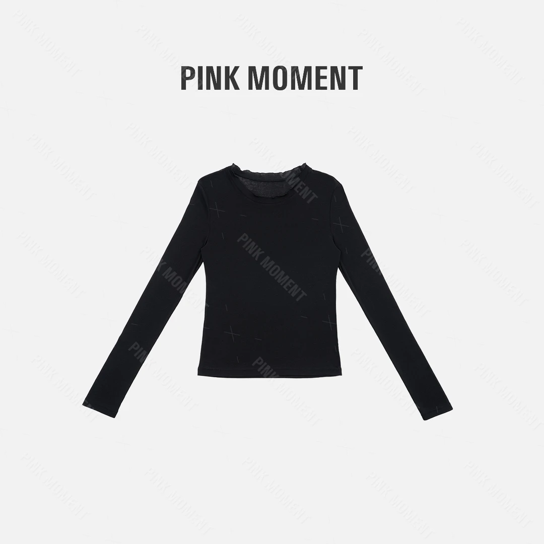 PM王囡囡 黑色花边圆领长袖薄T恤 ND1C1274