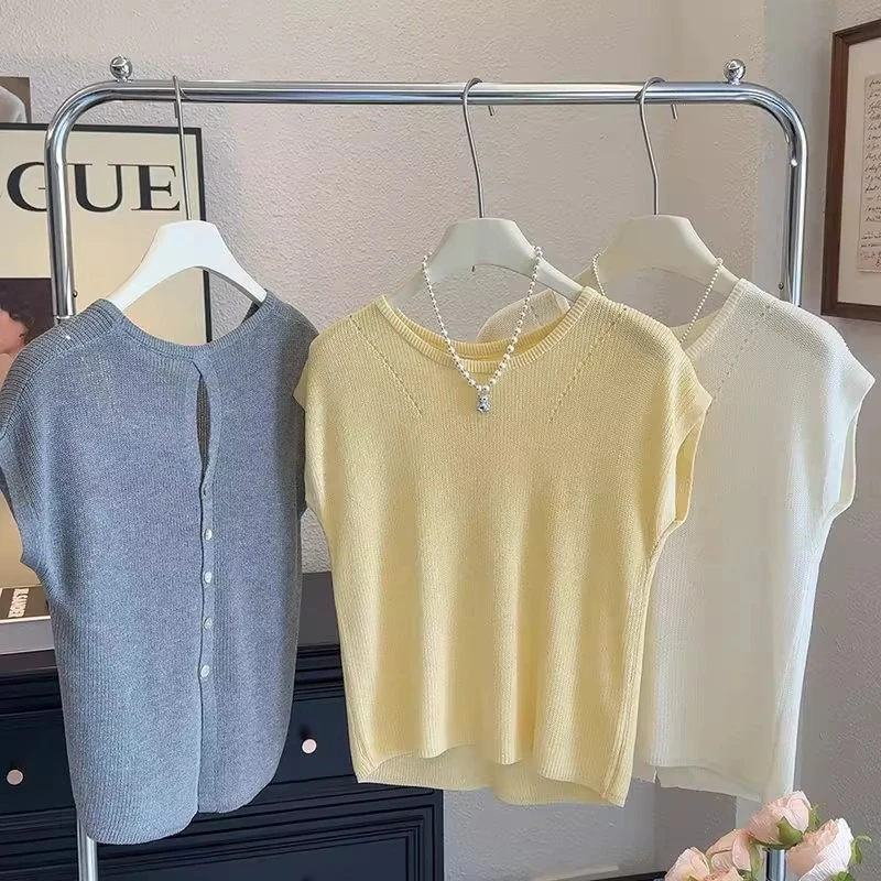 后背吸睛设计~简约针织衫夏季百搭合体显瘦短款上衣圆领短袖I2-40