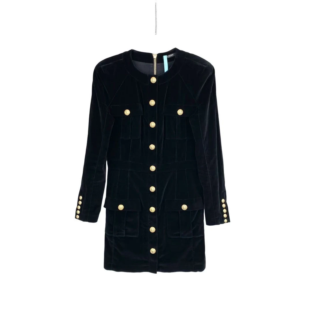 95新 BALMAIN/巴尔曼  yy746 金扣黑色丝绒连衣裙 40码