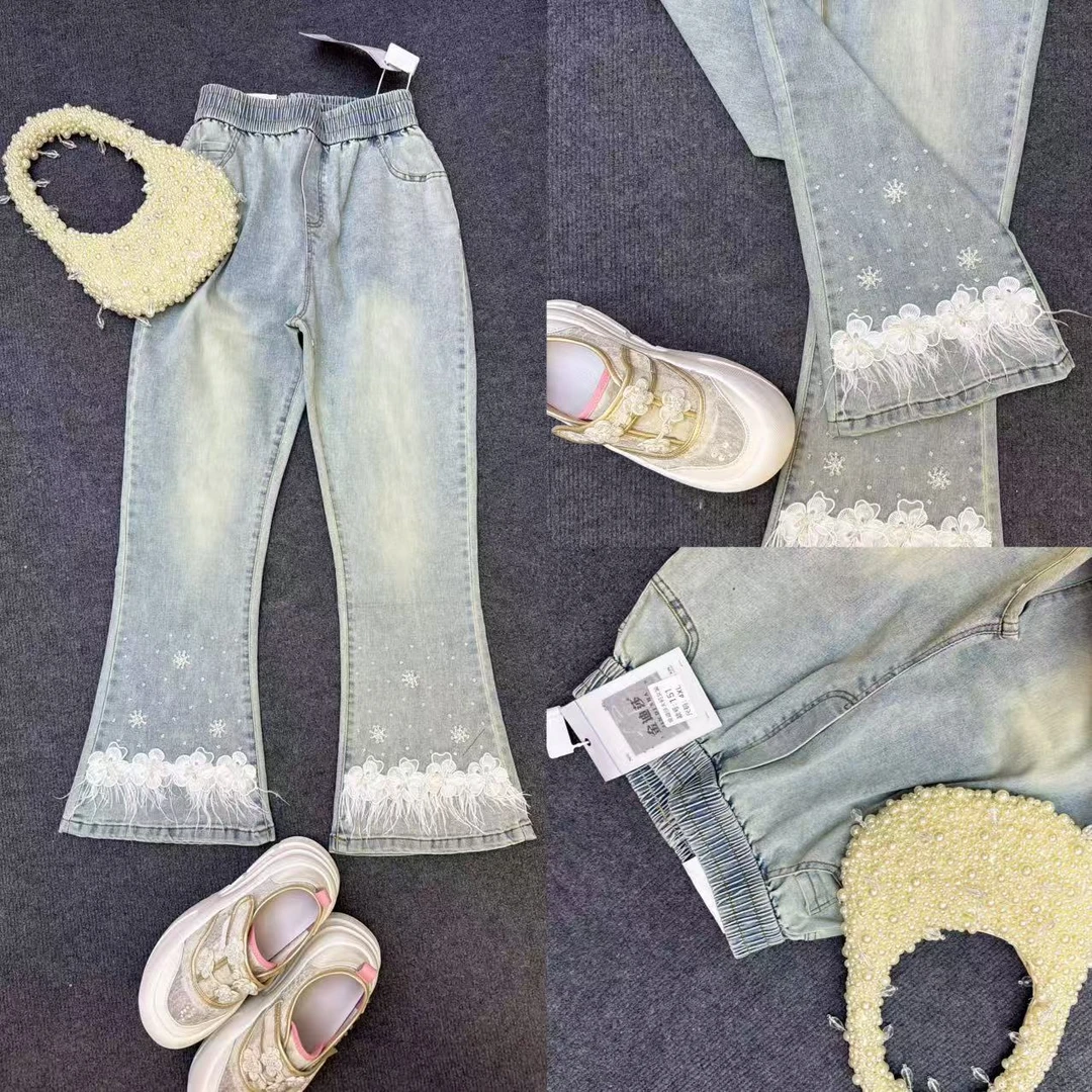LL琳大码女装拼接蕾丝微喇叭裤2025春新款胖MM时尚洋气牛仔裤151
