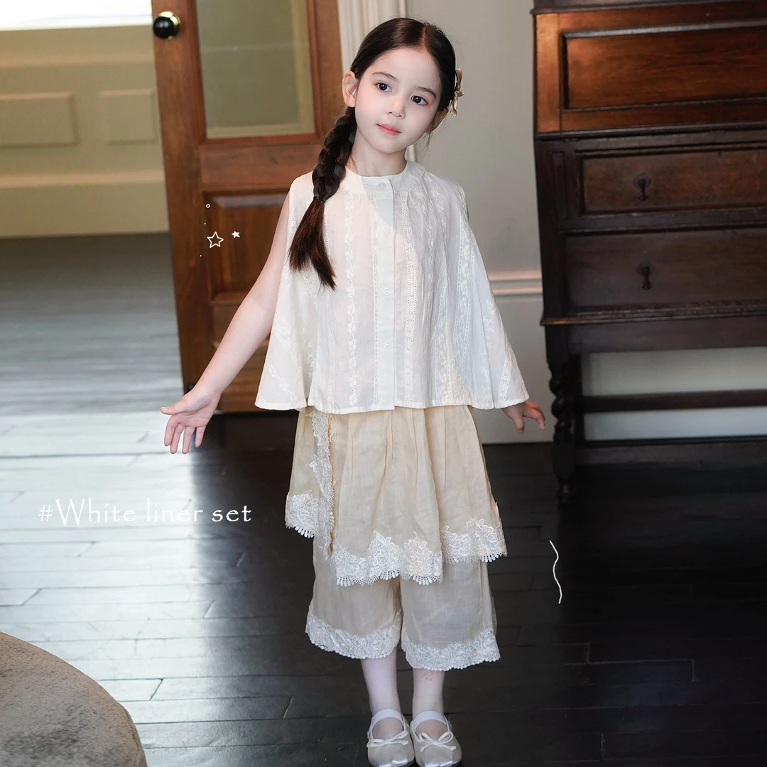 AnnieGirl女童夏季新款棉麻蕾丝定染提花刺绣背心九分裤套装2026