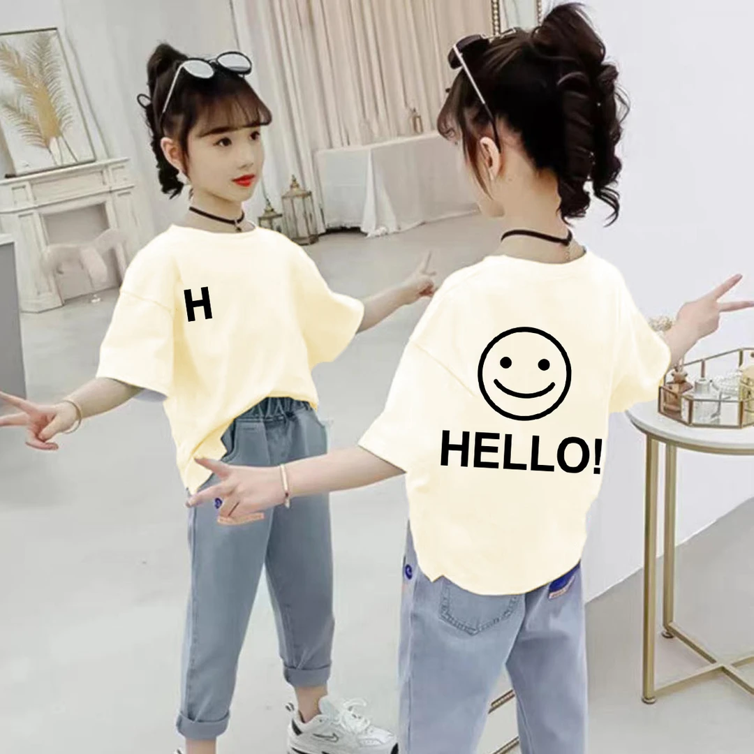 纯棉上衣儿童新款短袖t恤中大童印花洋气学生女童圆领体恤童装夏