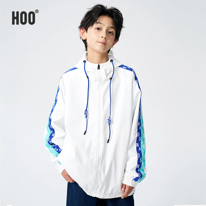 HOO中大男童春秋季外套儿童连帽撞色外套宽松运动潮牌冲锋衣0543A