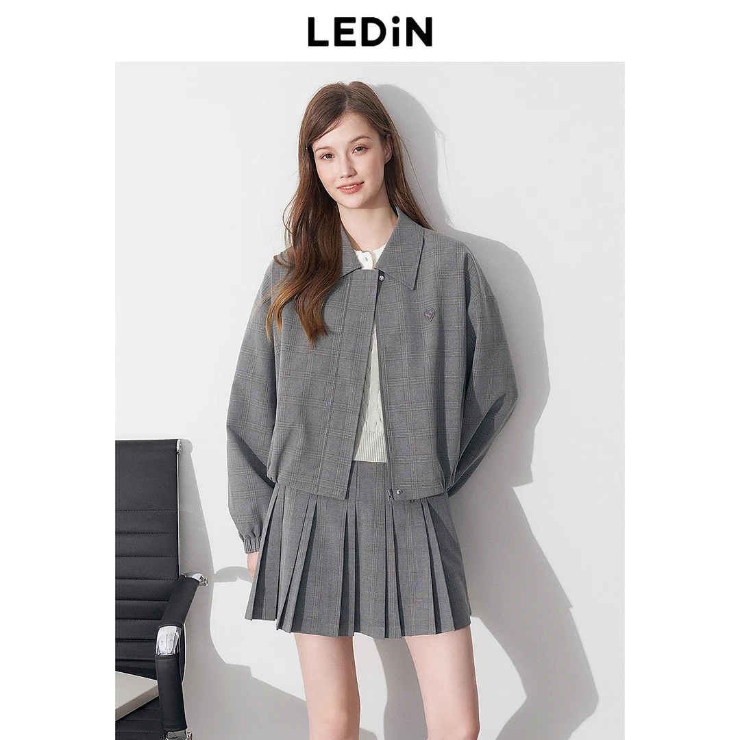 【欧若风】乐町韩系通勤宽松花苞设计夹克外套25春新款复古格纹翻领