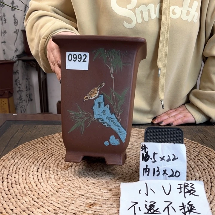 紫砂花盆微瑕太湖石手绘高四方0992