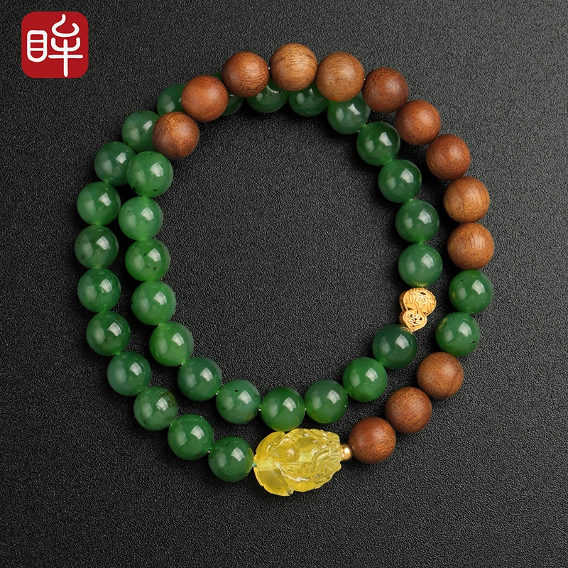 印象眸和田玉碧玉圆珠双圈手串 琥珀貔貅款 ND