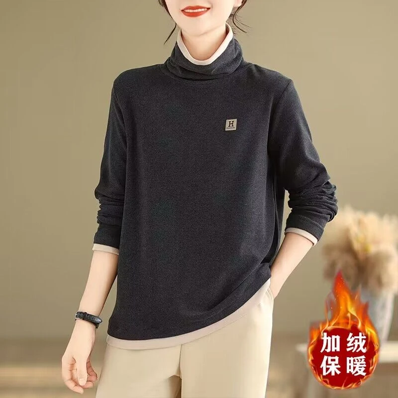 韩版撞色高领假两件长袖T恤2025秋冬保暖文艺风加绒深灰色打底衫