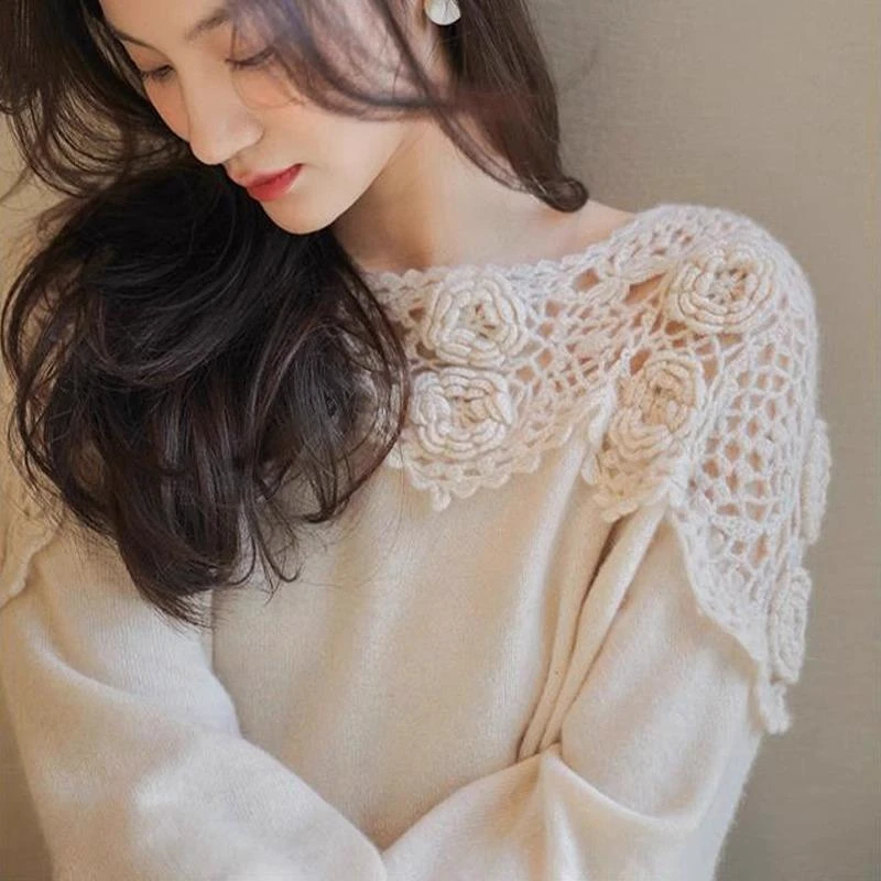 设计感镂空重工勾花套头针织衫秋冬内搭羊绒毛衣显瘦纯色长袖上衣