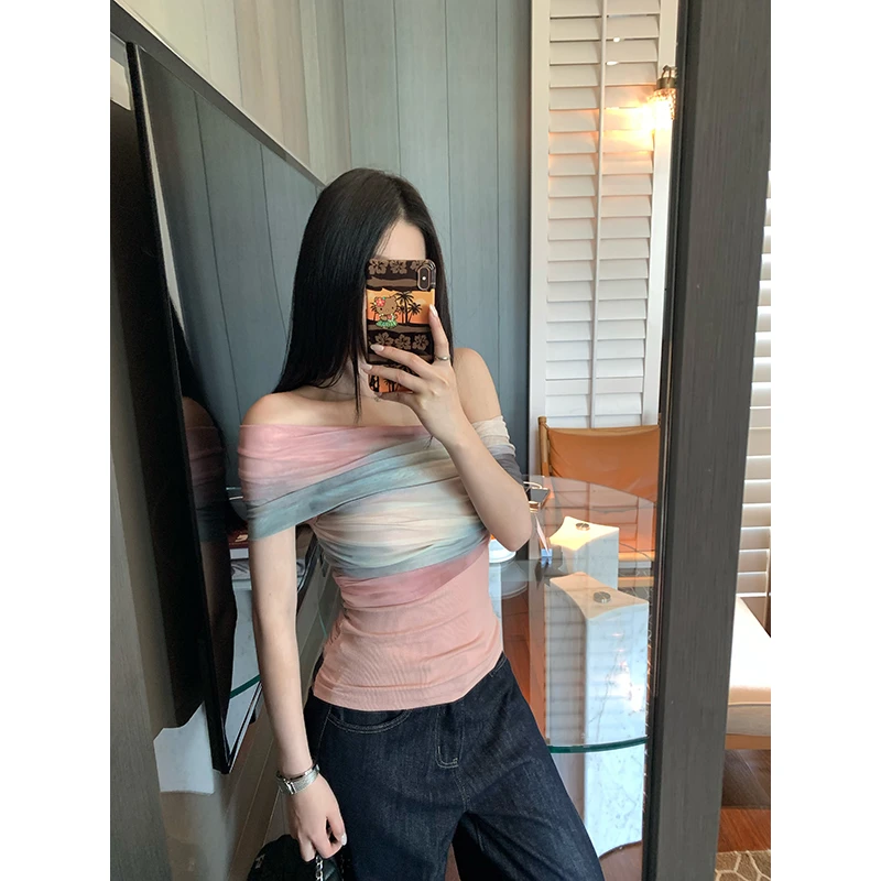 YOKLASS少女家 【现现】粉色修身印花针织衫一字肩上衣 Z34465S52