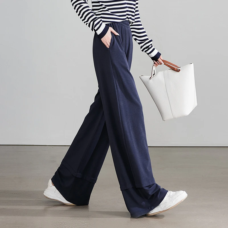 索菲丝尔2025年春季新款【莱赛尔】裤腿拼接休闲简约阔腿长裤515768