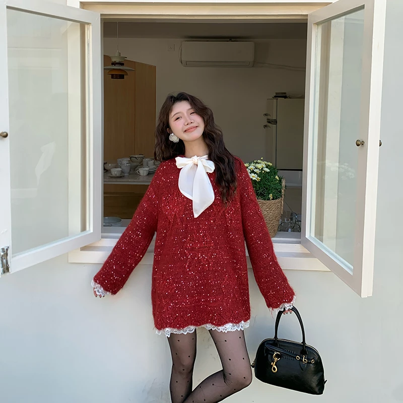 【小呆鸟专享】CROWCAIM 蕾丝边闪闪蝴蝶结毛衣 CC25002