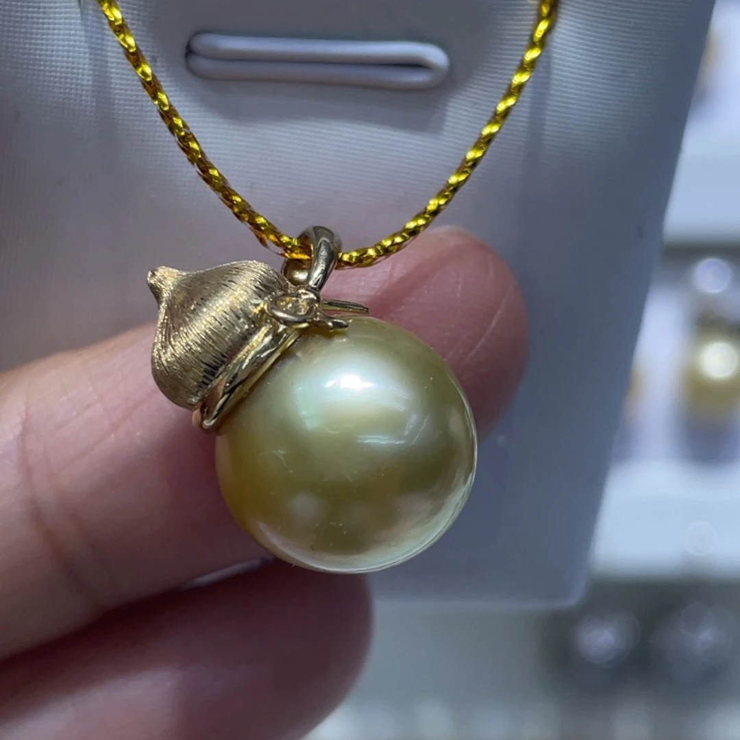 海水珍珠吊坠(不含链)18K金镶嵌大葫芦13-14 无暇
