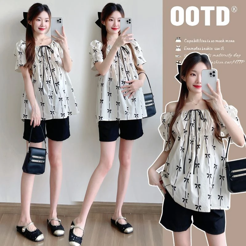 新款孕妇装套头夏季韩版蝴蝶结印花甜美减龄休闲时尚款短袖娃娃衫