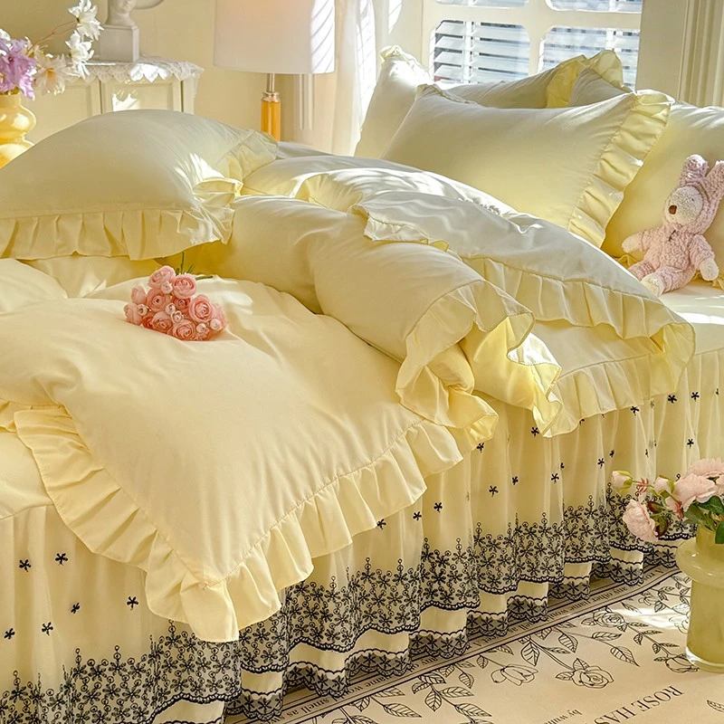 公主风韩版少女心云朵棉床裙四件套法式花边床罩纯色床上用品春夏