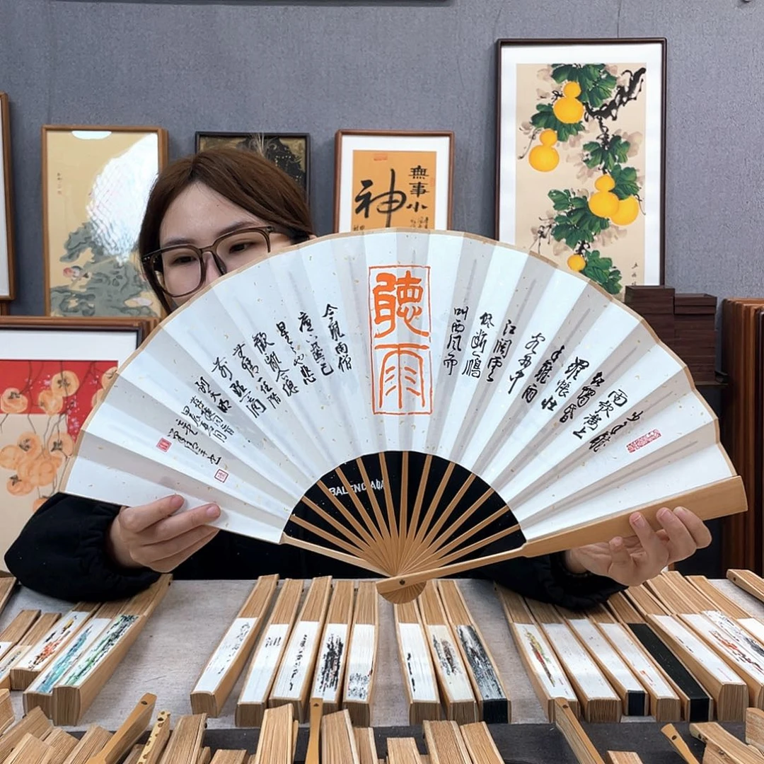 国画10寸玉竹-纯手绘-文玩扇骨（默认粘好）听雨