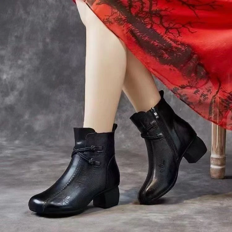 加绒保暖国风印花女鞋2024冬季新款厚底女靴防水防滑加绒软底皮靴