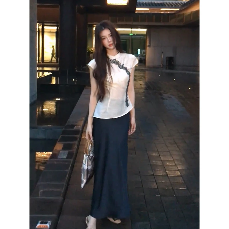 2025夏季新款女法式复古立领花边短袖修身上衣百搭高腰显瘦半身裙