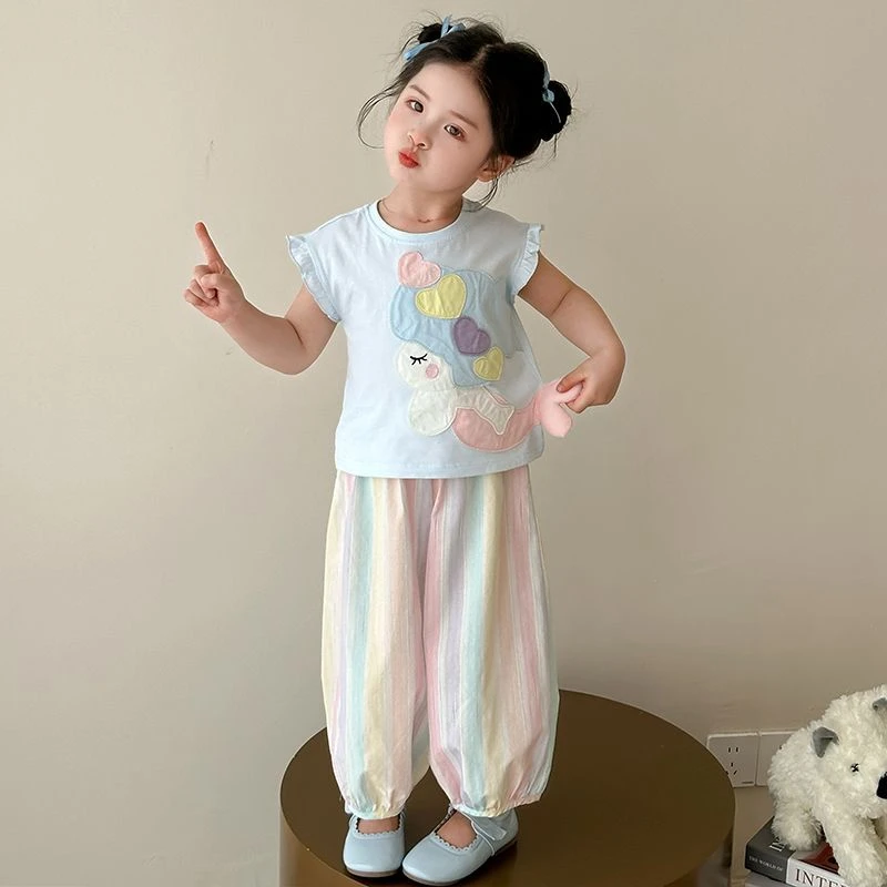 女童夏装套装新款儿童休闲背心条纹裤洋气女宝宝美人鱼无袖两件套