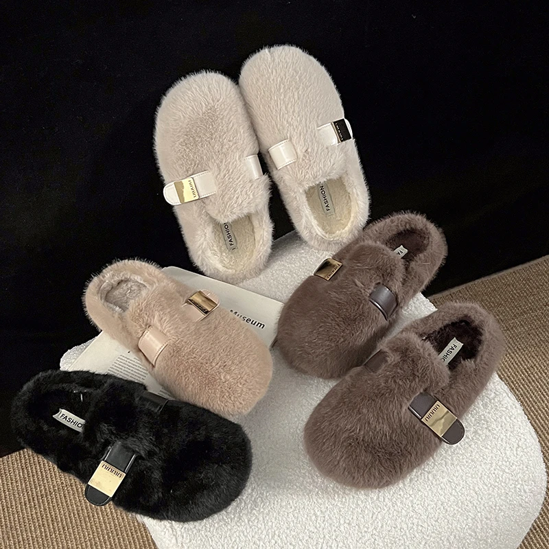 百搭金属小众包头毛毛鞋2025冬季新款网红软底保暖一脚蹬休闲棉鞋