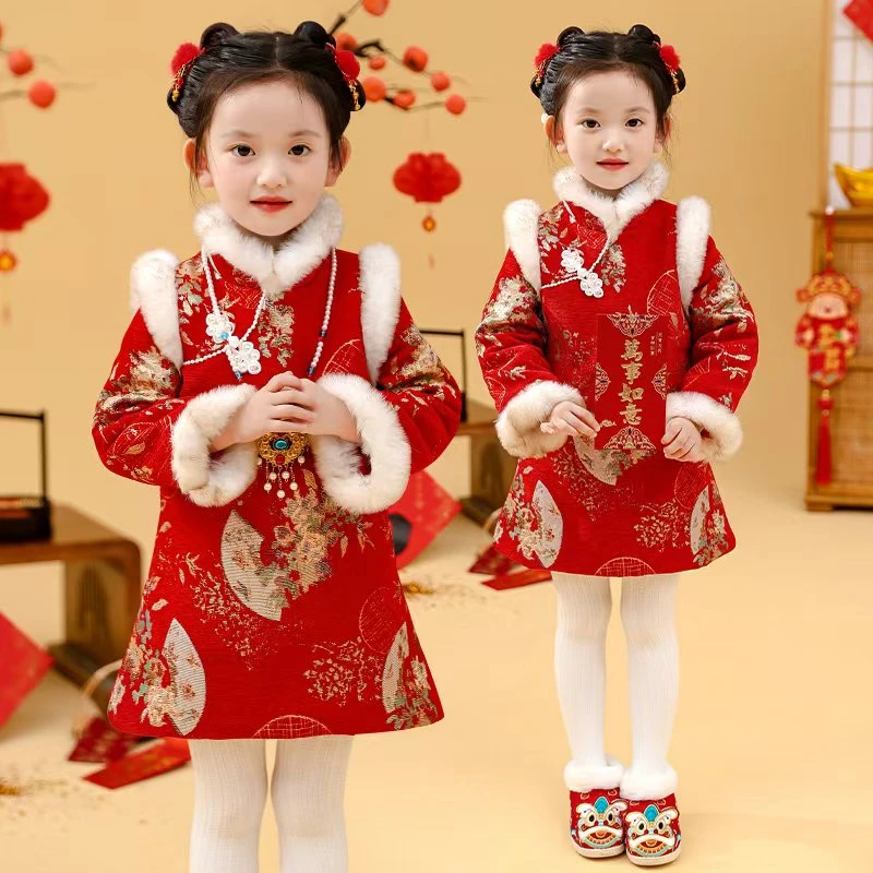 女童旗袍加绒连衣裙冬季新款儿童公主裙拜年服加厚唐装汉服花棉袄
