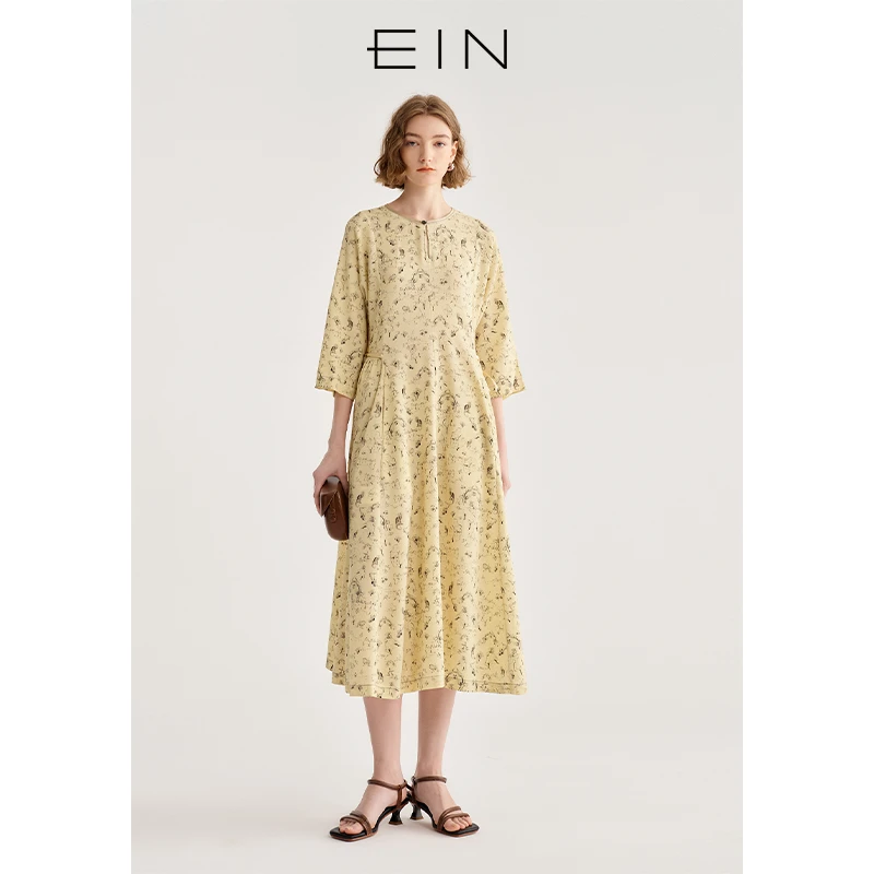 EIN/言【商场同款款】复古提花涂鸦印花系带纯棉女装连衣裙25早春款