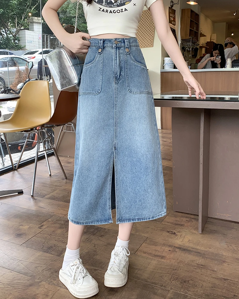 2025夏季新款胖mm大码高腰开叉牛仔半身裙梨形身材a字包臀裙65458