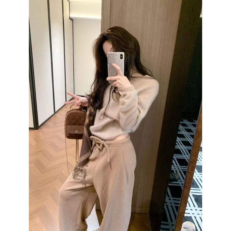 老钱风松弛感女装宽松时髦长袖针织衫秋冬高腰休闲垂感显瘦阔腿裤