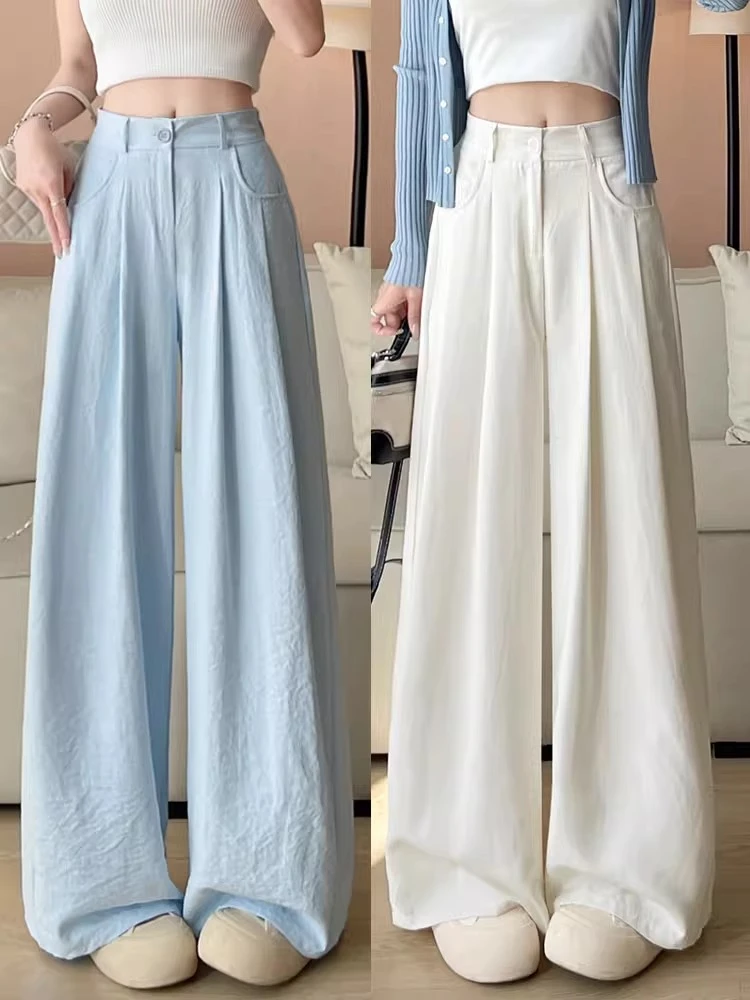 白色奶芙西装山本裤女夏季薄款高腰显瘦垂感宽松小个子直筒阔腿裤