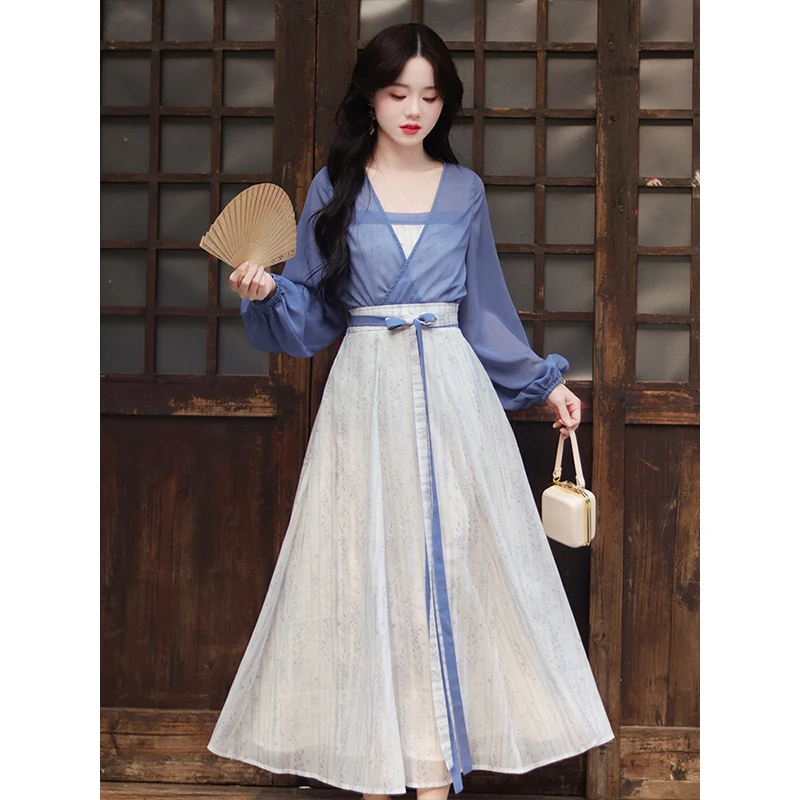 瑶西【蓝月离歌】气质新款绝美度假风裙子汉服新中式夏季长裙女装