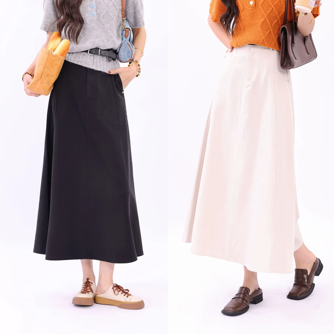 陈佳洁【舒适区】港风复古纯色中长款女高腰百搭半身裙JA1999482