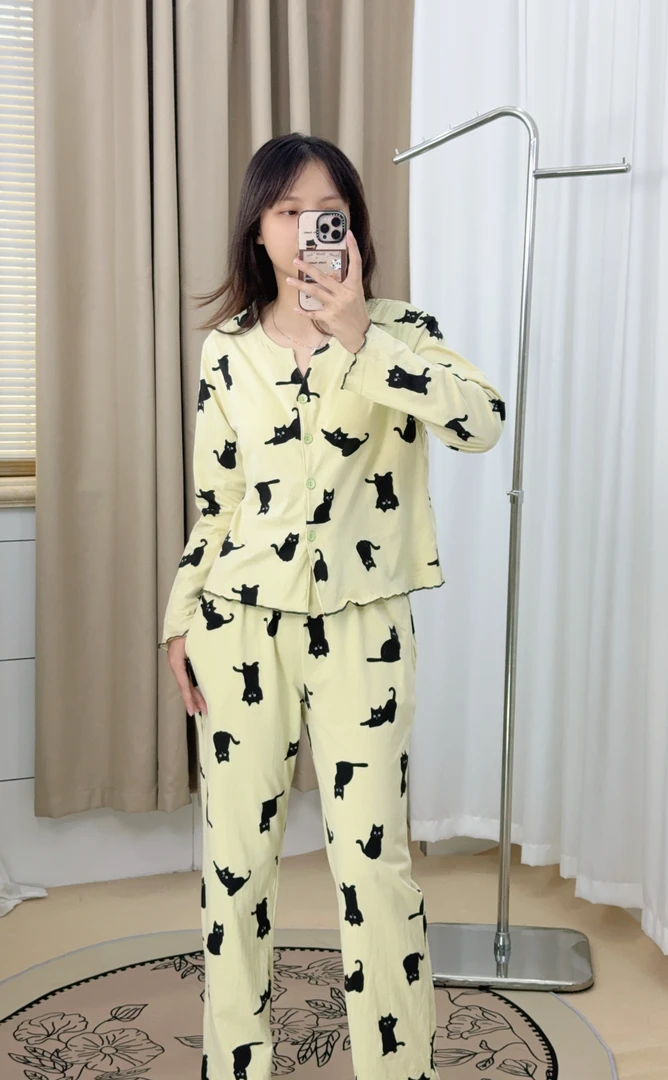 【森系小猫】秋冬开衫新款睡衣家居服长裤翻领开扣女士春秋