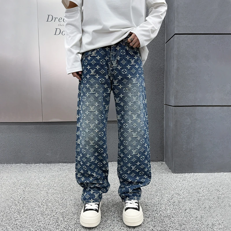 美式复古潮流满印提花直筒牛仔裤男高街潮牌痞帅男士新款牛仔男裤