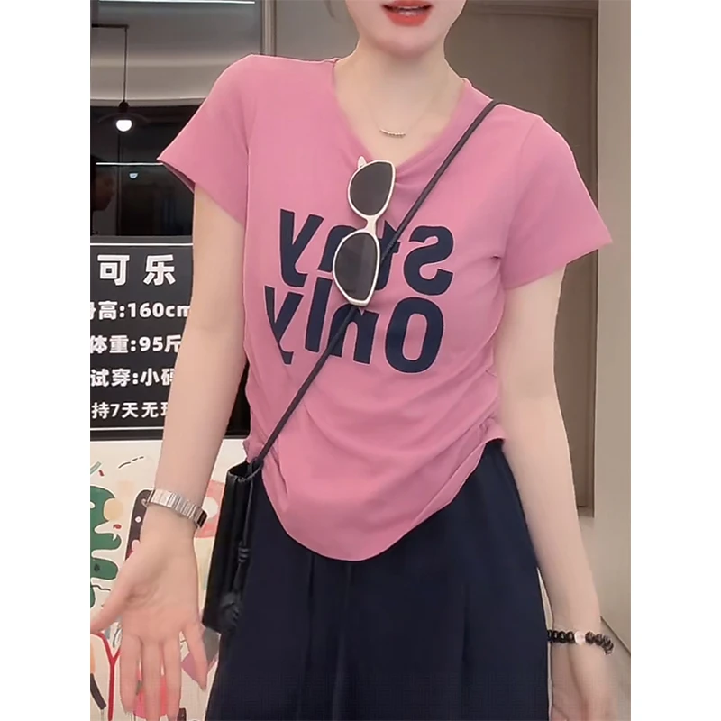 欧货圆领字母印花短袖T恤女2025夏季新款修身显瘦百搭洋气上衣潮