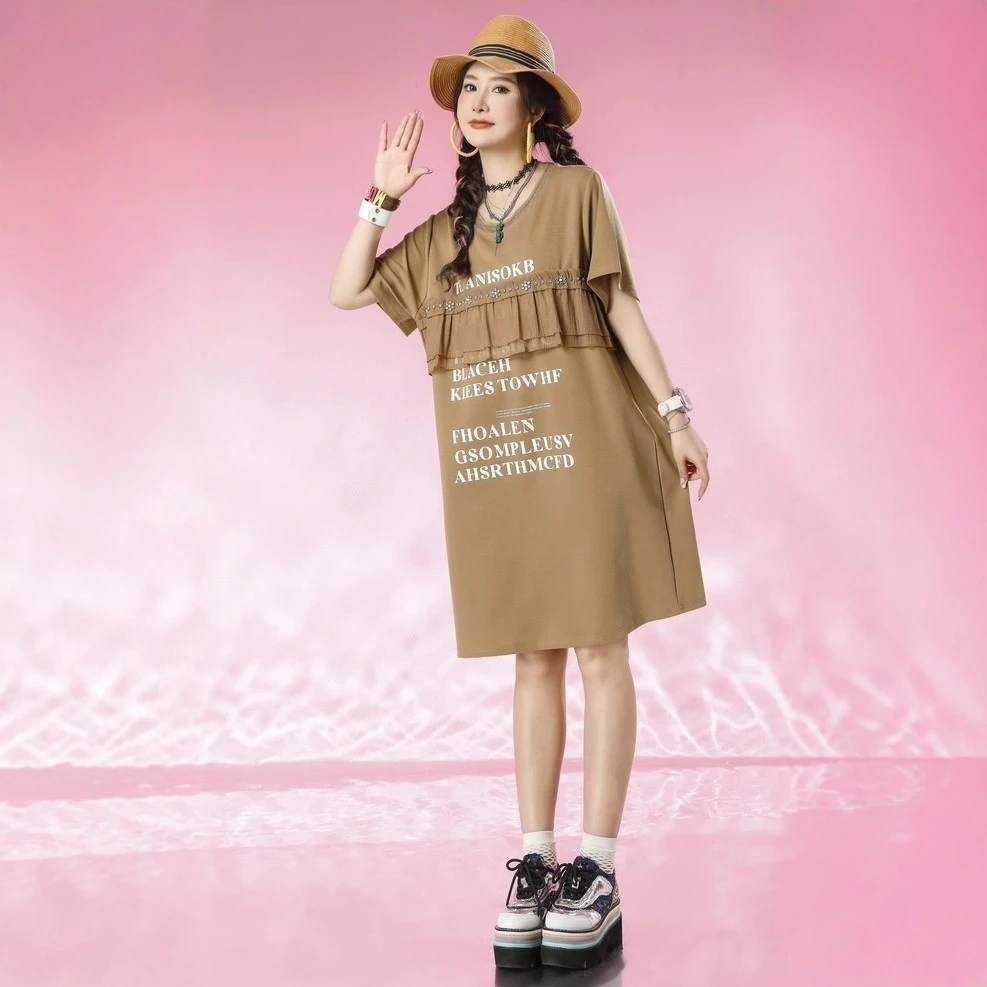 石头鱼夏新款大码女装字母拼接短袖时尚连衣裙F 078