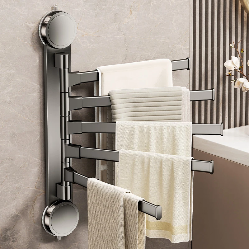 免打孔旋转吸盘式毛巾架枪灰太空铝毛巾杆卫生间多杆置物架收纳架