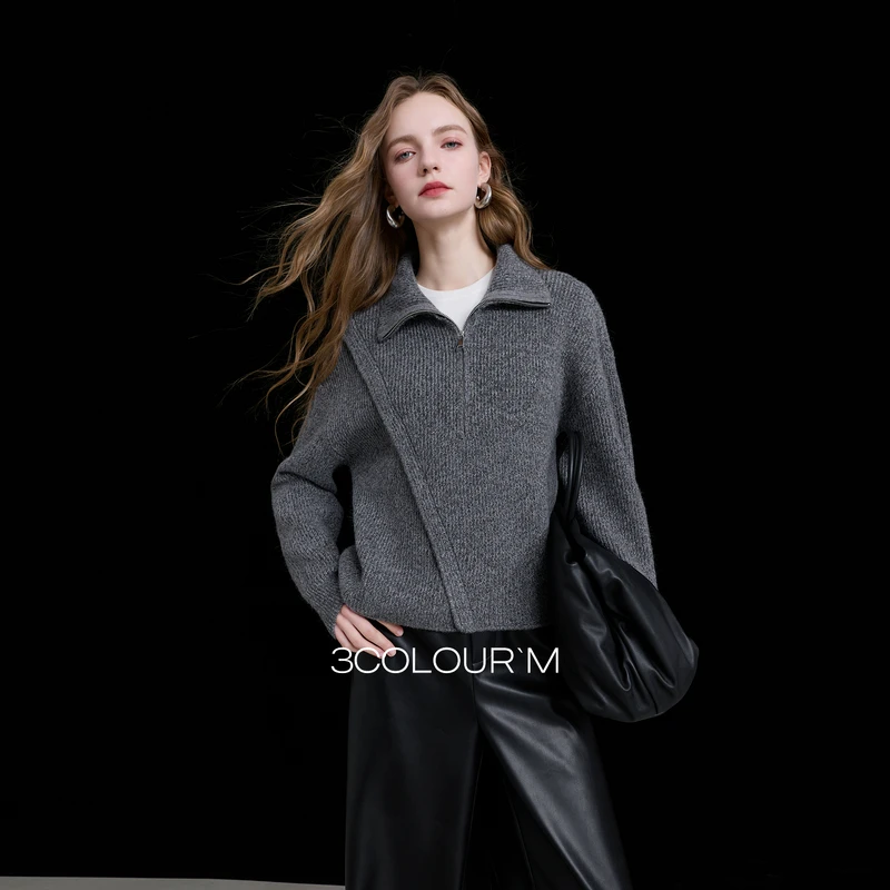 三彩2025冬季新款宽松拉链立领针织衫落肩袖设计感简约套头衫M