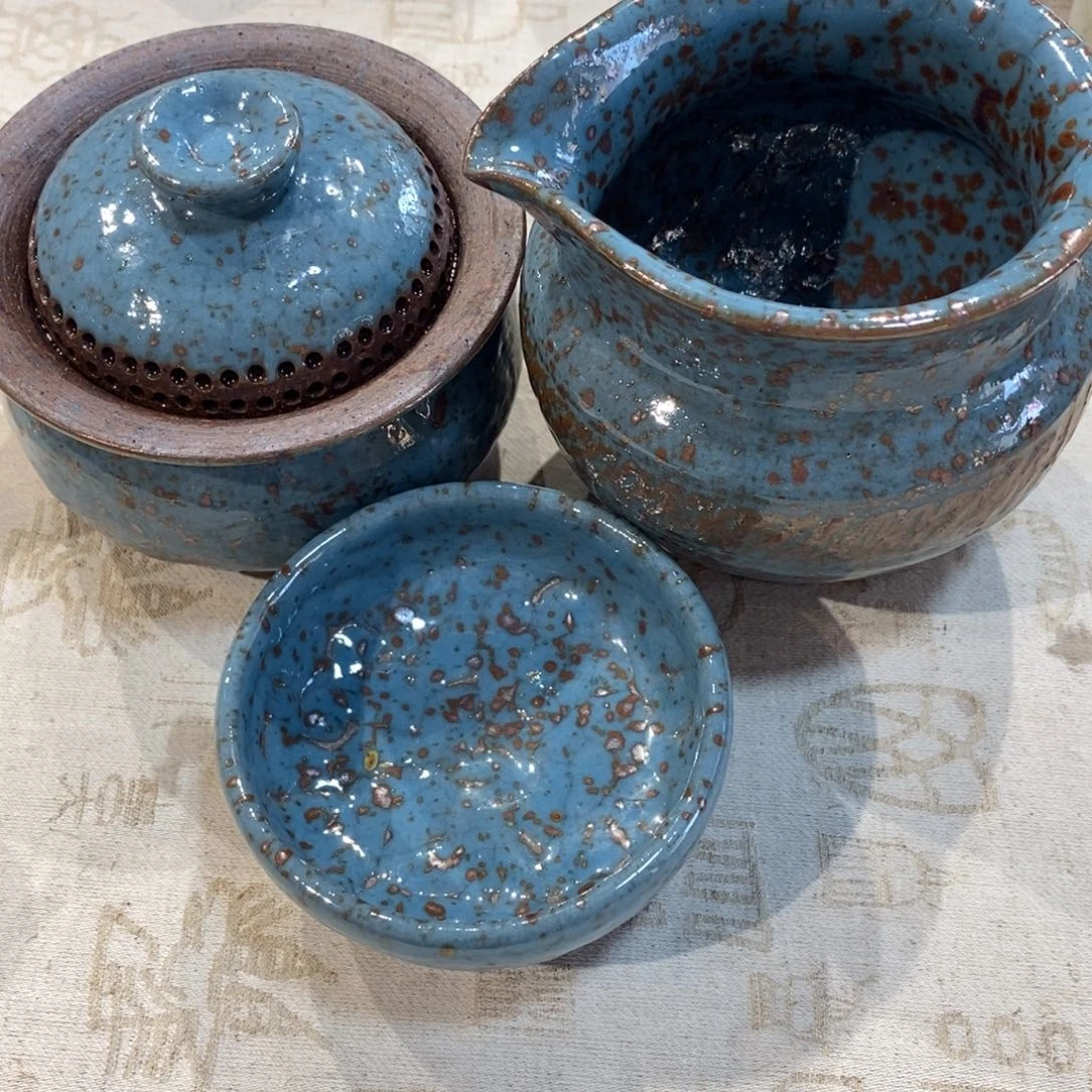 高温定窑粗瓷湖蓝釉一套