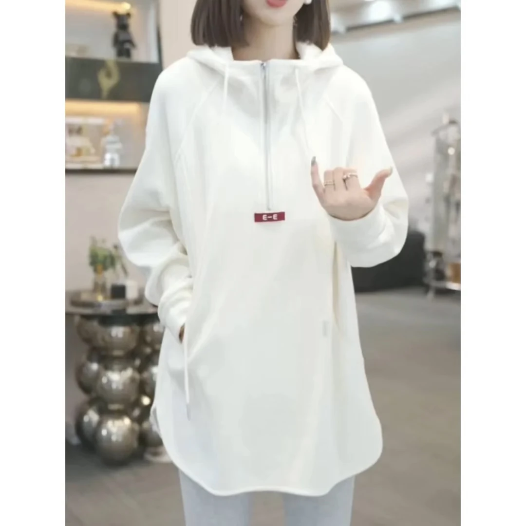 冬季新款加绒连帽卫衣女慵懒风时尚休闲宽松显瘦百搭中长款上衣