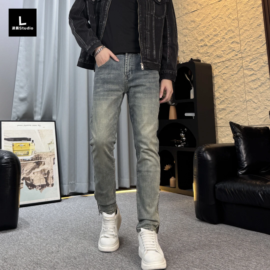秋季设计拉链牛仔裤男修身潮流百搭蓝色小脚裤时尚韩版牛仔裤男款