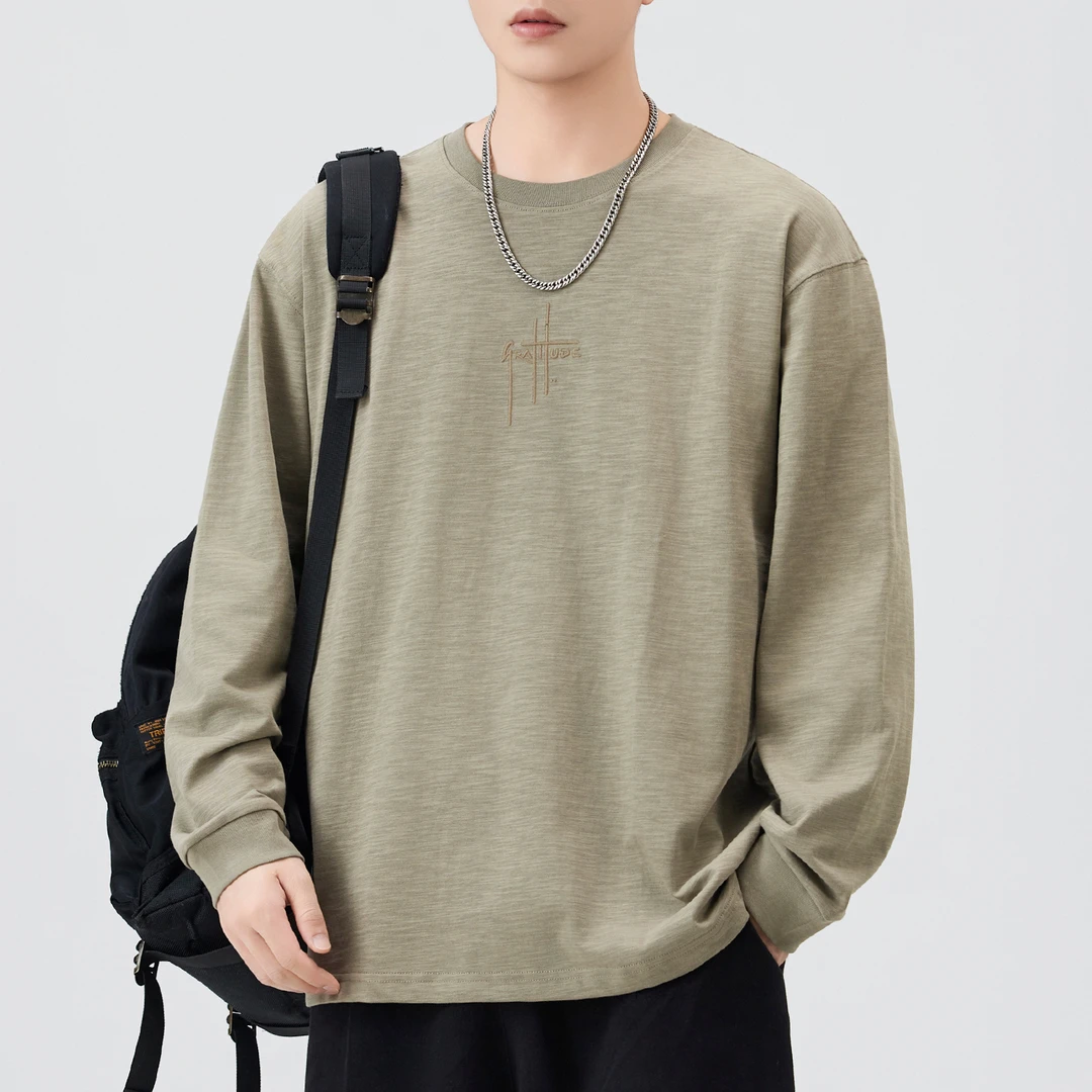 秋季新款美式休闲长袖T恤男竹节棉宽松大码刺绣纯棉内搭打底衫男