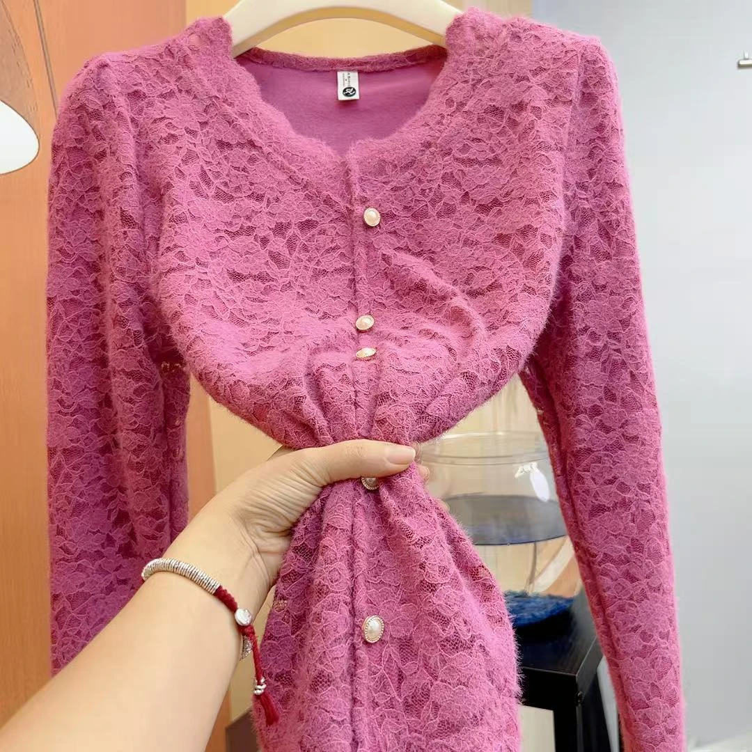 甜美V领法式加绒款气质蕾丝衬衫秋冬款宽松显瘦减龄百搭打底上衣