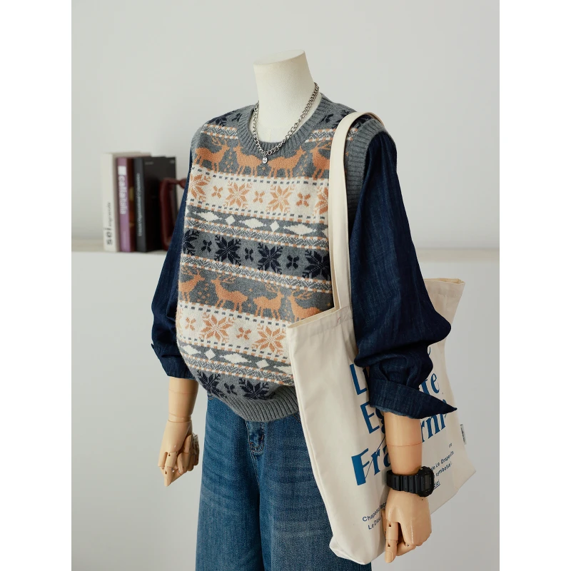 背心衬衫假两件女文艺圆领气质休闲百搭宽松显瘦冬季毛衣女