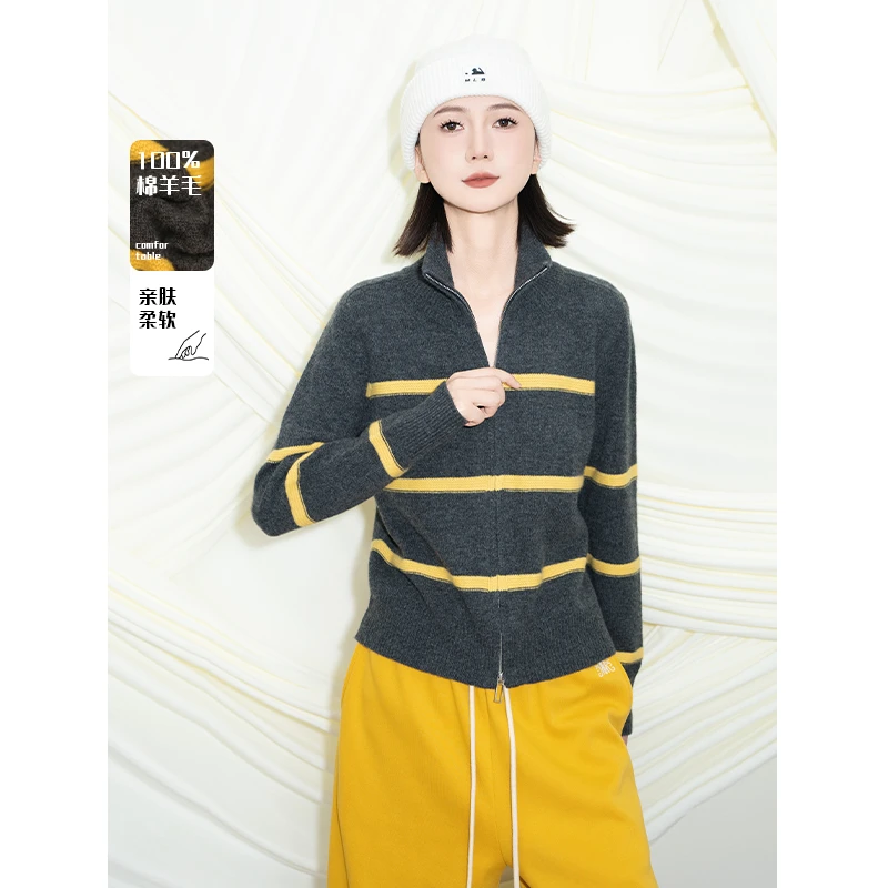 玛丝恩迪宽松立领常规条纹薄款常规款毛衫秋冬连帽毛针织衫74076
