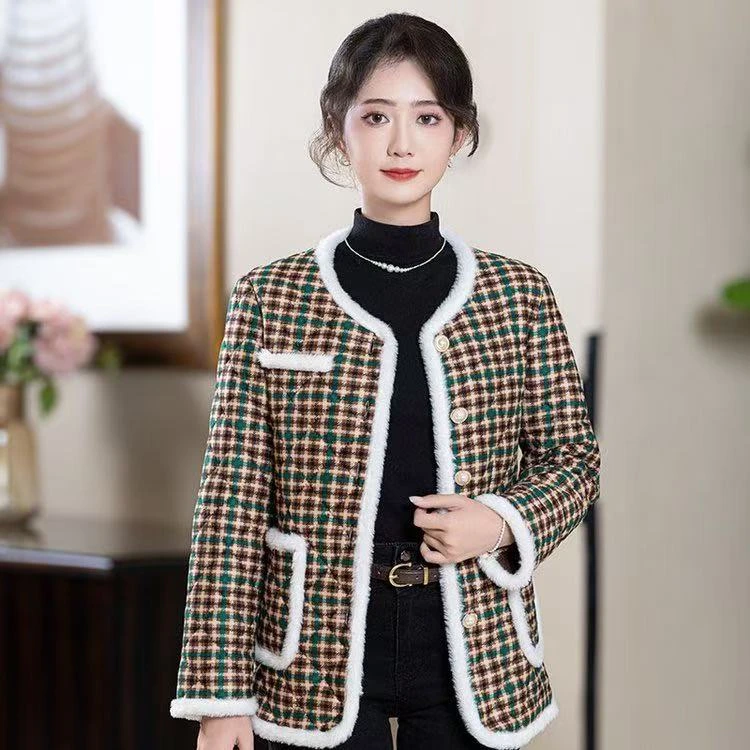 2025新款妈妈装加绒小香风棉衣外套秋冬时尚百搭短款洋气棉服上衣